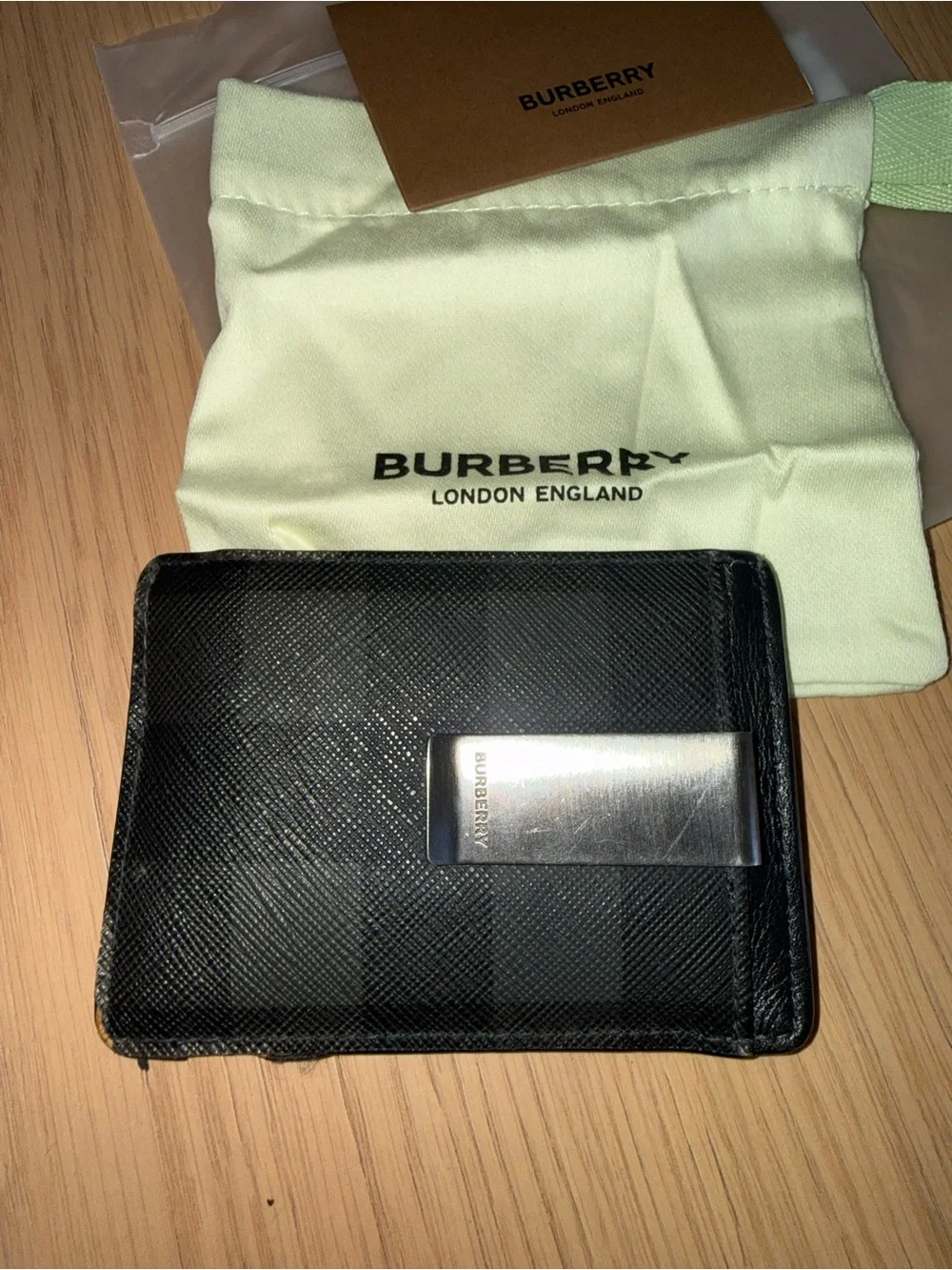 Burberry Black Check Leather Money Clip Wallet with Silver Clip